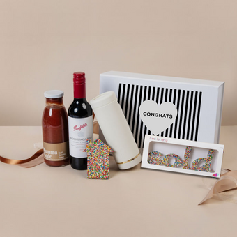 New Home Real Estate Hamper with Saucie Bottle, Mumma Made sauce, chocolate house, SOLD block and optional wine – premium settlement gift