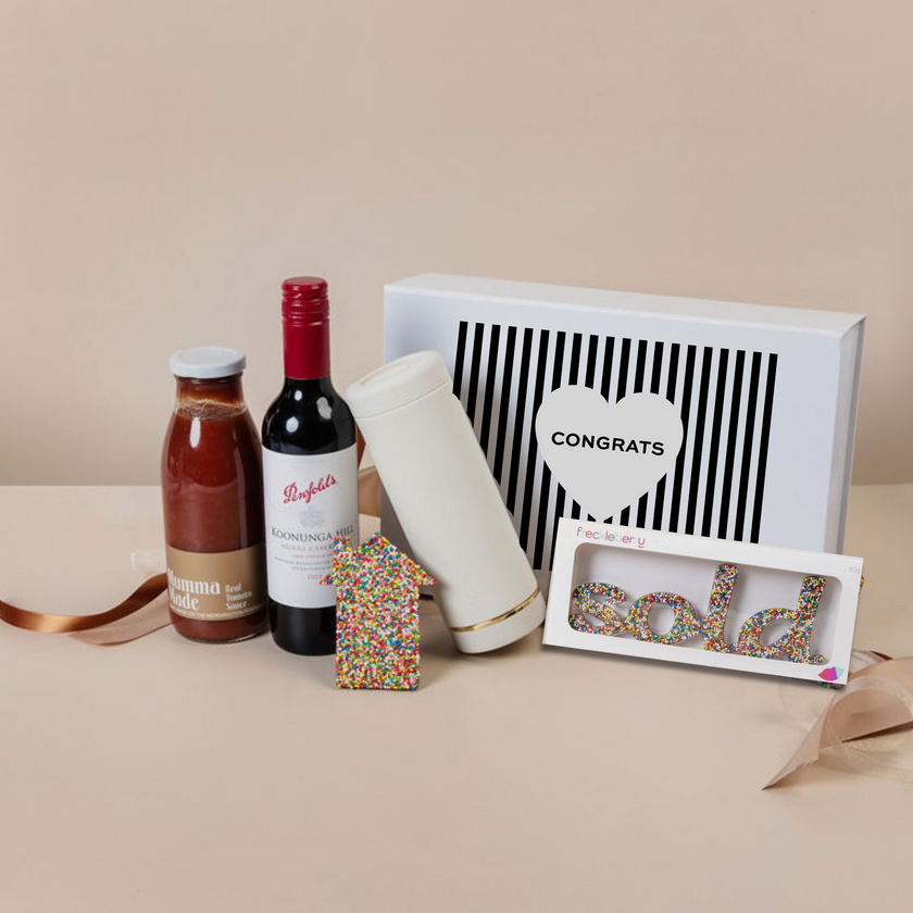New Home Real Estate Hamper with Saucie Bottle, Mumma Made sauce, chocolate house, SOLD block and optional wine – premium settlement gift