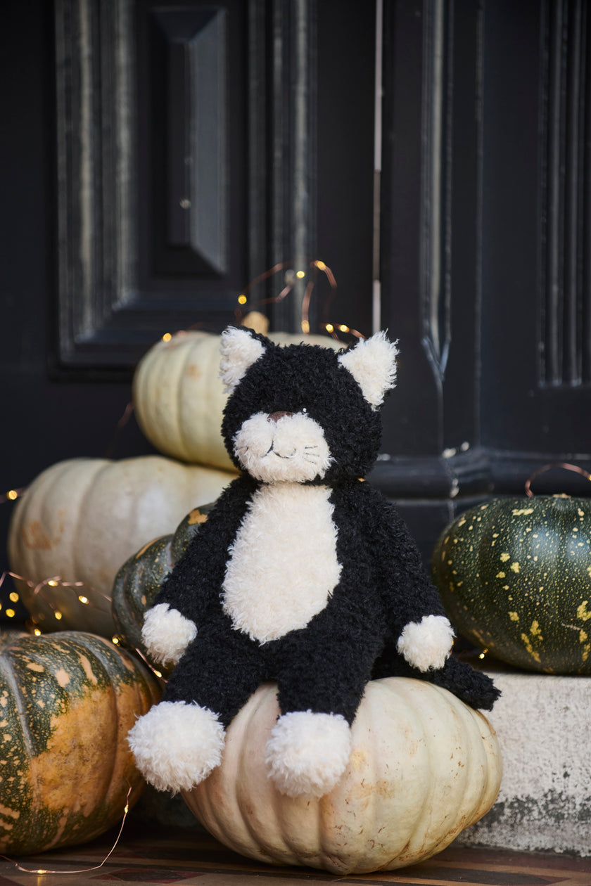 Black and white cat plush toy sitting on pumpkins with a dark background