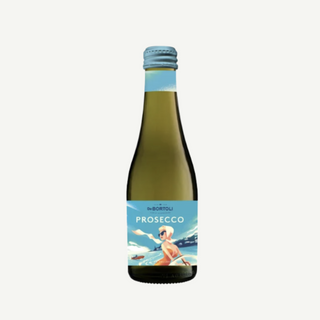 Bottle of prosecco with a label featuring a woman in a bikini on a white - hampers, corporate gifts, celebrations