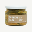 Jar of 'Mumma Made' bread and butter pickles on a white background