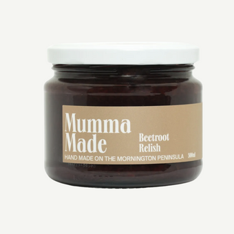 Jar of 'Mumma Made' beetroot relish on a white background