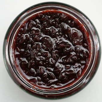 Close-up of a jar of dark relish on a white background