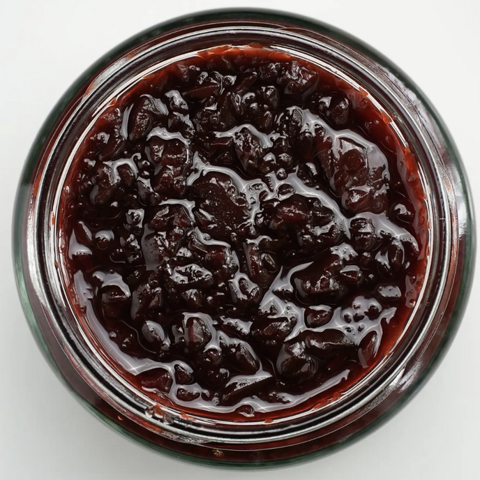 Close-up of a jar of dark relish on a white background