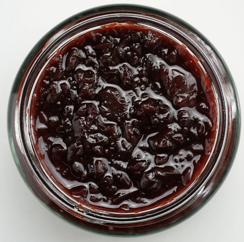 Close-up of a jar of dark relish on a white background