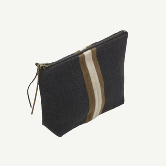 Black pouch cosmetics bag with a beige stripe on a white background