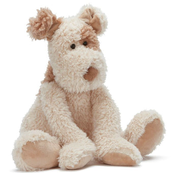 Plush toy dog with brown and beige colors on a white background