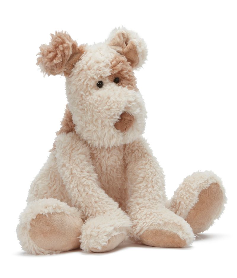 Plush toy dog with brown and beige colors on a white background