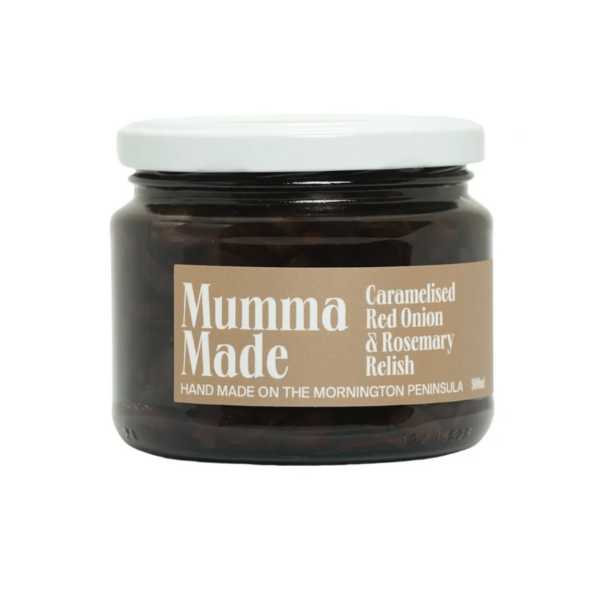 Jar of 'Mumma Made' relish with a white label on a white background