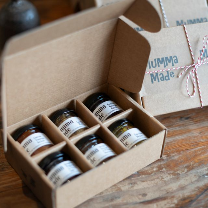 Mumma Made Sample Gift Box with 6 mini jars of jam, chutney, and relish