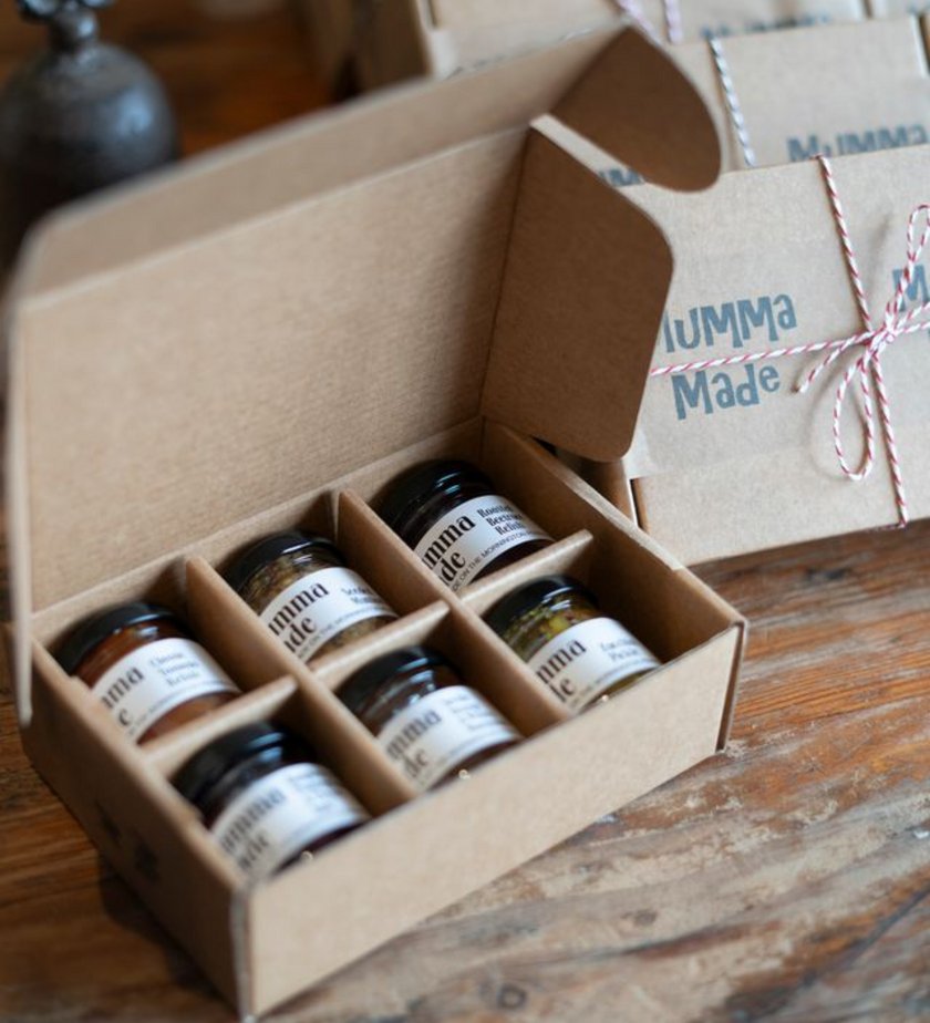 Mumma Made Sample Gift Box with 6 mini jars of jam, chutney, and relish