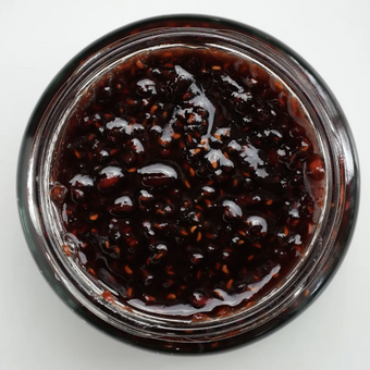 Close-up of a jar of dark berry jam on a white background