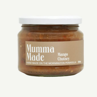Jar of 'Mumma Made' Mango Chutney on a white background