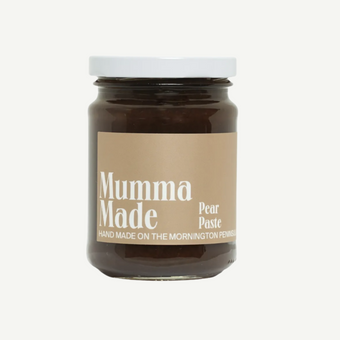 Jar of 'Mumma Made' pear paste on a white background