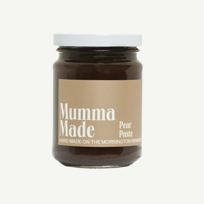 Jar of 'Mumma Made' pear paste on a white background