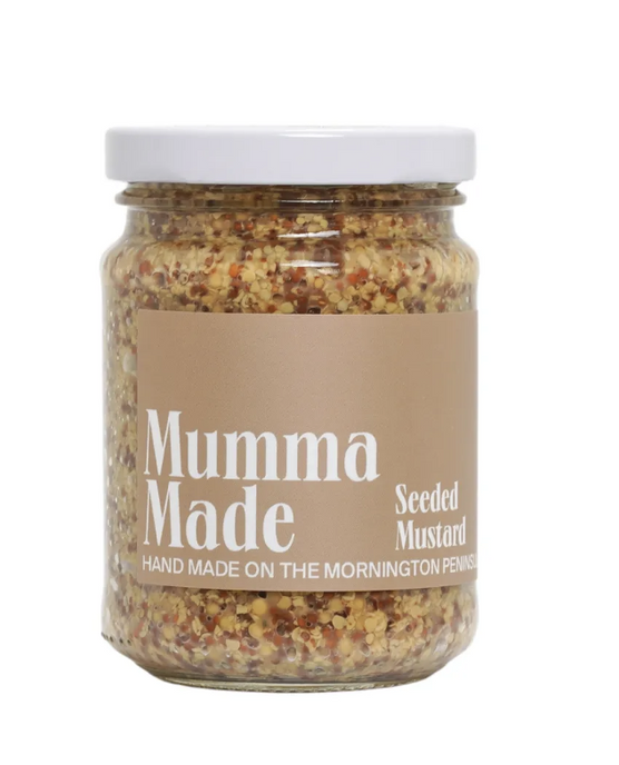 Jar of 'Mumma Made' seeded mustard on a white background