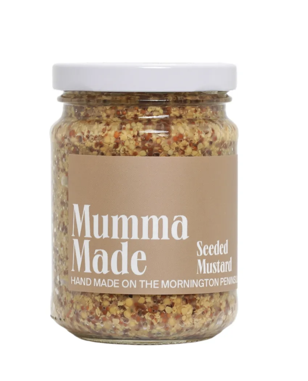 Jar of 'Mumma Made' seeded mustard on a white background