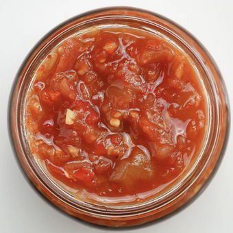 A jar of sweet chilli jam with visible pieces of red pepper and garlic.