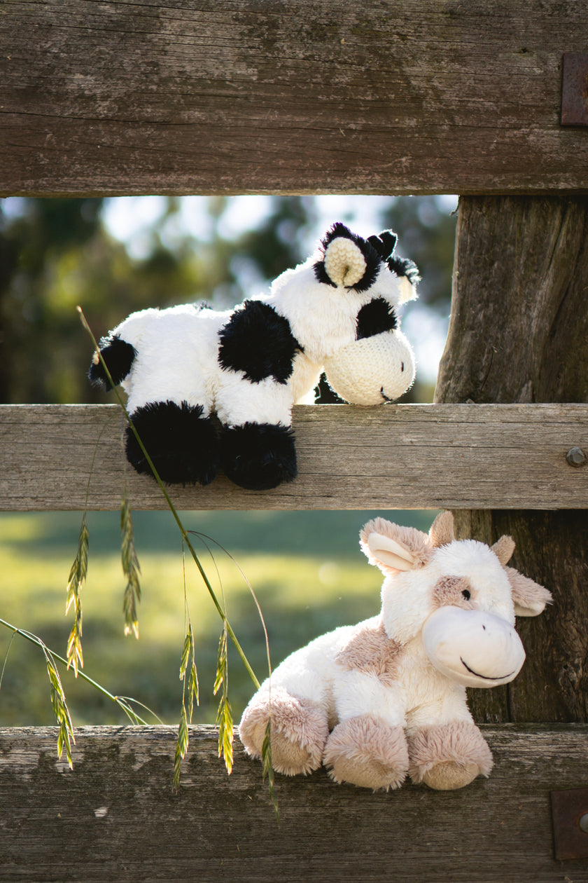 Two plush cow toys on a wooden fence with a natural background